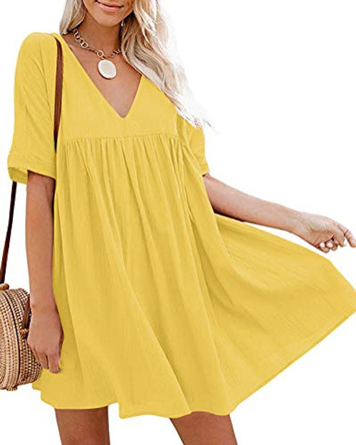 Chvity Women Summer Tunic Dress V Neck Casual Loose Flowy Swing Shift Dress, Yellow, M