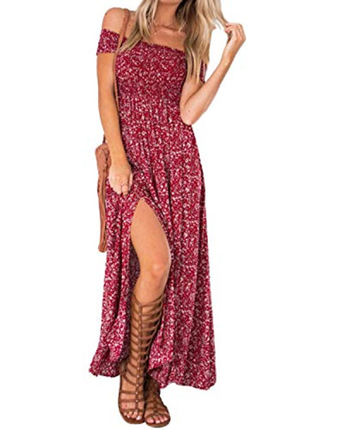 kenoce Women's Off Shoulder Floral Maxi Dress Ruffle Party Side Split Beach Dresses Red L