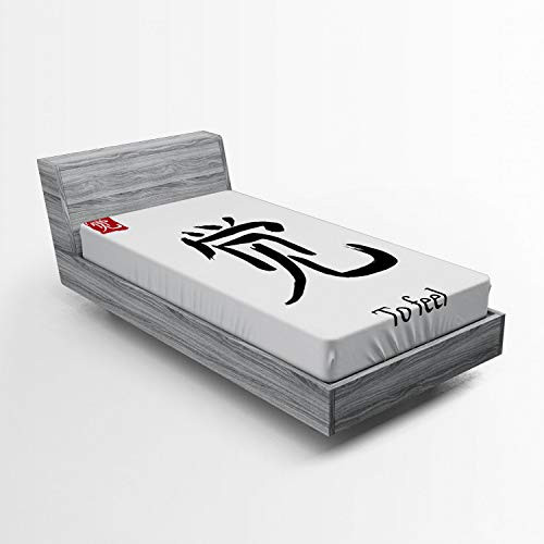 Lunarable Kanji Fitted Sheet, Brush Writing Chinese Hieroglyph to Feel Phrase Print, Soft Decorative Fabric Bedding All-Round Elastic Pocket, Twin Size, Vermilion Charcoal Grey and White