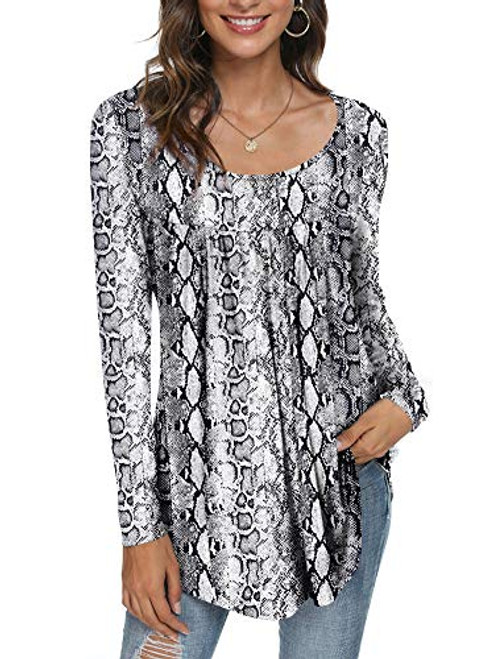 CATHY Women's Casual Long Sleeve Ruffle Tunic Tops Loose T Shirt Blouse for Leggings, 3XL, White Snakeshin