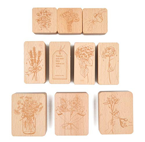Cliocoo 10pcs Plant Flower Wood Rubber Stamp Set, Hydrangea, Lavender, Cherry Blossoms, Tulip, M-89