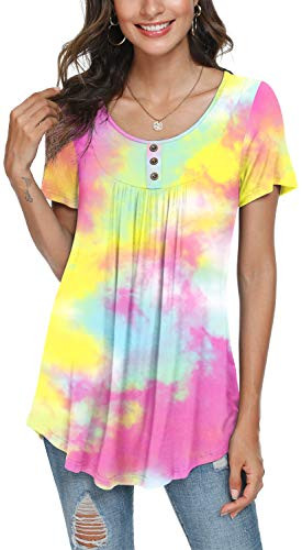 POPYOUNG Womens Summer Casual Short Sleeve Tunic Tops Ruffle Blouse T-Shirts L, Yellow Tie dye