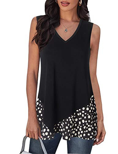 Youtalia Womens Tops for Leggings, Ladies Tunic Tops Cool Sleeveless V Neck Blouses Irregular Hem Fashion Patchwork Tunic Tank Tops Black White Medium