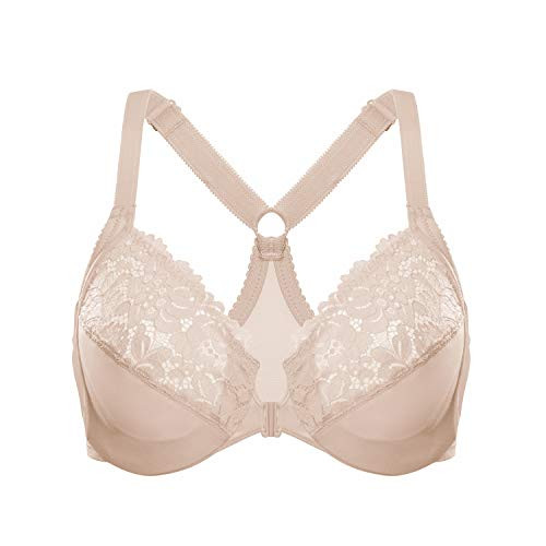 DELIMIRA Women's Front Closure Full Coverage Lace Underwire Racerback Bra Beige 40D
