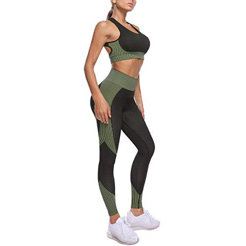 EUYZOU Womens High Waisted Workout Sets 2 Piece - Seamless Sports Legging Crisscross Bra Yoga Gym Outfits - Green M