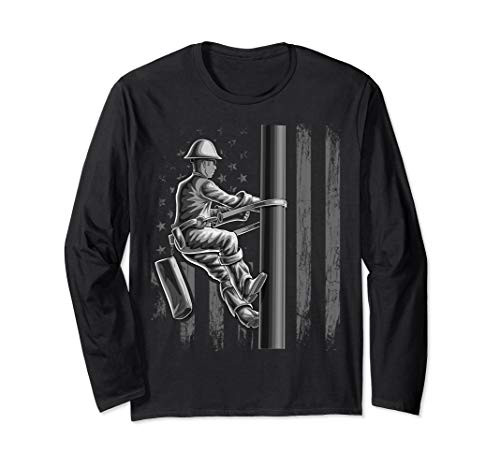 Lineman American Flag Powerline Technician Cable Gift Men Long Sleeve T-Shirt
