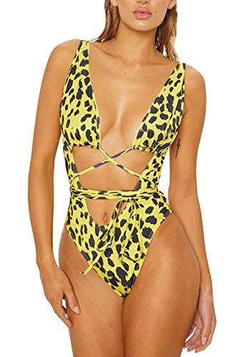 Sovoyontee Women's Sexy One Piece Swimsuits Bikini Bathing Suit Yellow Leopard Print S
