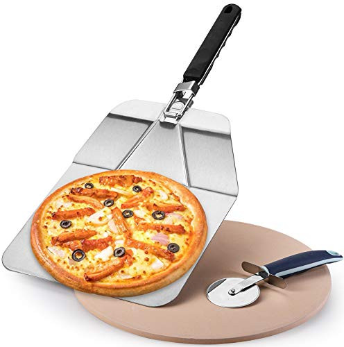 Yesland 3-Piece Pizza Stone Pizza Grilling Set, 13 Inches Pizza Grilling Stone and Bread Baking Stone with Stainless Steel Pizza Peel and Cutter Set, for Pies, Pastry Bread, Calzone(Round)