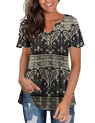 Tralilbee Women's Plus Size Short Sleeve V Neck Swing Floral Tunic Tops Multi Black 2XL