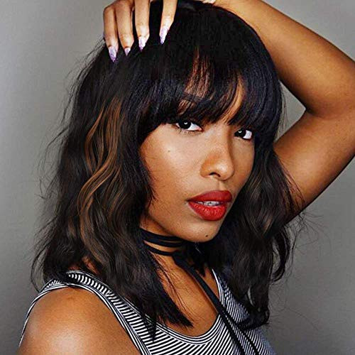 Natural Wavy Bob Wigs with Bangs for Women Black Mixed Brown Color Short Wavy Bob Curly Wig Synthetic Natural Looking Heat Resistant Fiber Hair for Black Women Natural Wavy Bob Wigs with Bangs for Women Black Mixed Brown Color Short Wavy Bob Curly Wig Synthetic Natural Looking Heat Resistant Fiber Hair for Black Women