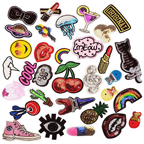 32pcs Assorted Styles DIY Embroidered Sequins Patch Sew On Iron On Patches Motif Applique Set for DIY Jeans Jacket, Clothing, Handbag, Shoes,Caps