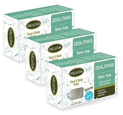 Kalliston   ORGANIC OLIVE OIL  and  ZEOLITHOS DETOX SOAP   Detox Face  and  Body Olive Oil Soap   All Natural Soaps   Made in Ancient Crete, Greece   110g Each   Pack of 3