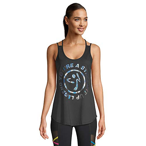 Zumba Active Easy Fit Graphic Design Strappy Workout Gym Tank Tops for Women, Bold Black A, M