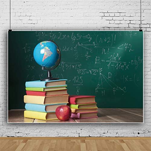 Leowefowa Back to School Backdrop 7x5ft Blackboard Chalk-Writings Stacked Books Red Apple Tellurion Background Online Teaching New Semester Students Teachers Photo Shoot Props Vinyl