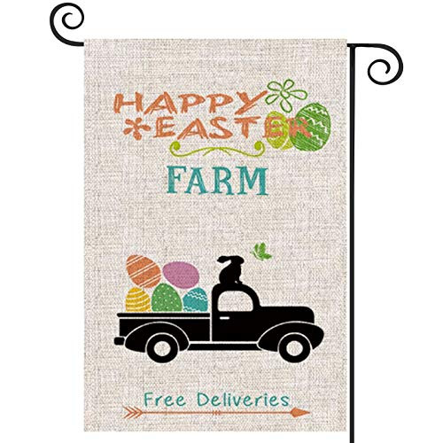 Happy Easter Garden Flags 12 x 18Inch, Double Sided Easter Spring Burlap Yard Flags, Farm Free Deliveries Easter Bunny Eggs Outdoor Decorations