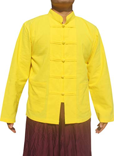 RaanPahMuang Thick Muang Cotton Chinese Jacket Shirt Mandarin Frog Button Front, Large, Gold Yellow