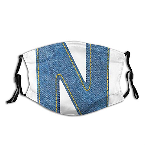 Fashion Facial Windproof mask decorations adult, N Uppercase Letter With Denim Alphabet Font Design Blue Jean Writing System Retro