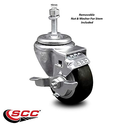Polyurethane Swivel Threaded Stem Caster w/3 inch x 1.25 inch Black Wheel and 10mm Stem  and  Top Locking Brake - 250 lbs Capacity/Caster - Service Caster Brand
