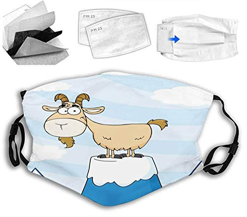 Fashion Comfortable Windproof mask,Doodle Cartoon Goat Smiling and Standing on Top of Mountain Pick Digital Illustration,Printed Facial decorations for Unisex