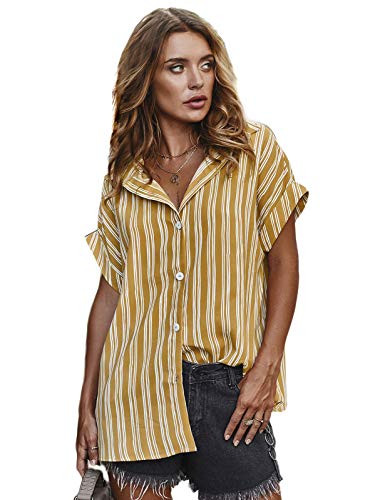 Zexxxy Women's Button Down V Neck Tops Short Sleeve Striped Loose Shirt Blouses Yellow S
