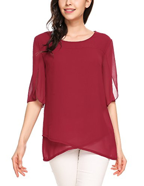 Zeagoo Women's Loose Casual Short Sleeve Chiffon Top T-Shirt Blouse Dressy Blouses for Women Wine Red