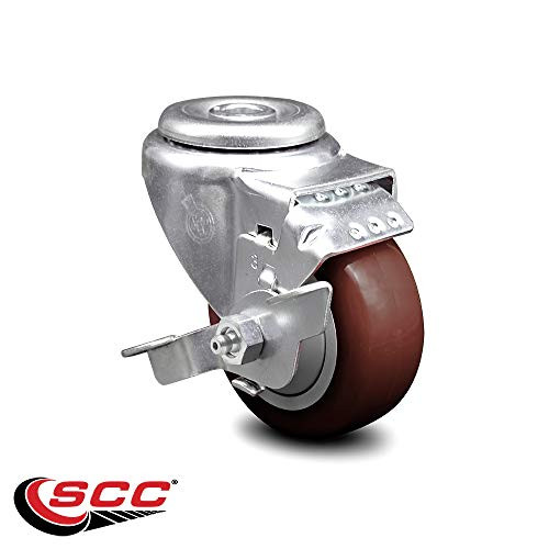 Polyurethane Swivel Bolt Hole Caster w/3 inch x 1.25 inch Maroon Wheel  and  Top Locking Brake - 250 lbs Capacity/Caster - Service Caster Brand