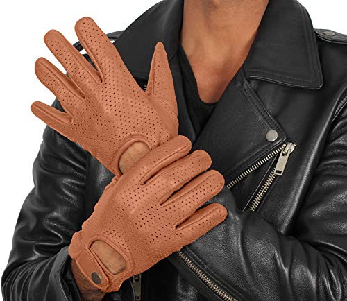 Mens Tan Brown Leather Biker Gloves - Adult Deerskin Motorcycle Gloves (M)