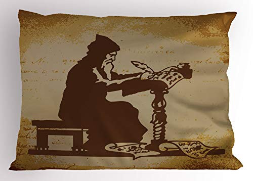 TYANG Medieval Pillow Sham, Old Monk Writing Choronicle of Events Illustration of The Past Retro Style Print, Decorative Standard Queen Size Printed Pillowcase, 30 X 20 inches, Cream Brown