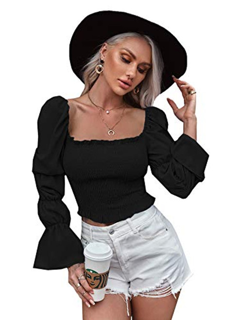 SOLY HUX Women's Frill Trim Square Neck Long Sleeve Smocked Crop Top Blouse Black L SOLY HUX Women's Frill Trim Square Neck Long Sleeve Smocked Crop Top Blouse Black L