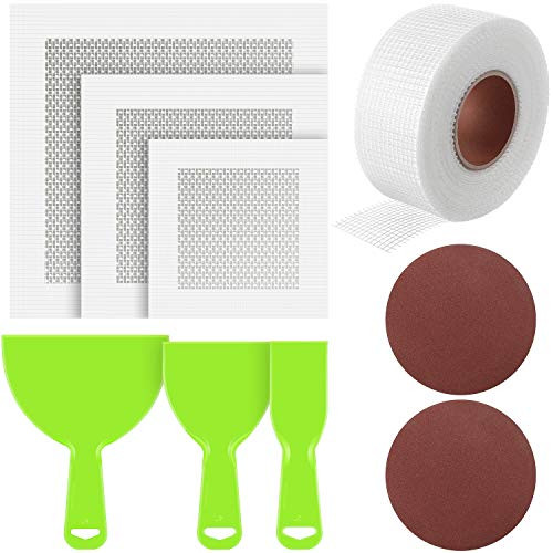 9 Pieces Wall Repair Kit Wall Repair Patch Drywall Repair Tape 60 Grit Sandpaper 120 Grit Sandpaper Putty Knife Scraper Self Adhesive Wall Repair Patch for Drywall