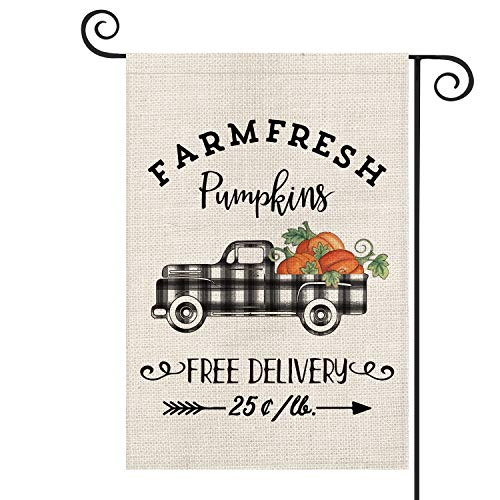 AVOIN Fall Farm Fresh Buffalo Check Plaid Truck Pumpkins Garden Flag Vertical Double Sized, Arrow Autumn Thanksgiving Yard Outdoor Decoration 12.5 x 18 Inch