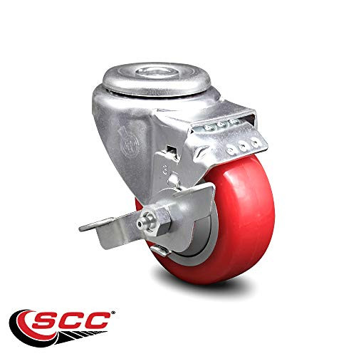 Polyurethane Swivel Bolt Hole Caster w/3.5 inch x 1.25 inch Red Wheel  and  Top Locking Brake - 250 lbs Capacity/Caster - Service Caster Brand