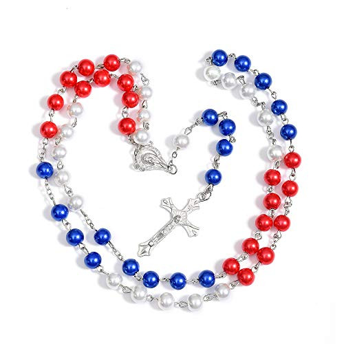 Patriotic Rosary Beads Catholic - Confirmation Gifts for Teenage Girl, Imitation Pearl Religious Rosary Necklace Jewelry, Red White Blue Tricolor Rosary Alloy Cross Necklace for Women, SUNYUE