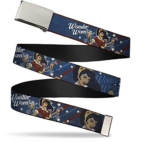 Buckle-Down unisex-adult's Web Belt, WONDER WOMAN/Bombshell Pose Blue/Red/White, 1.5 inch Wide-Fits up to 42 inch Pant Size