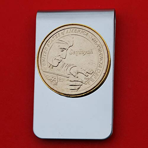 US 2017 Sacagawea Dollar BU Uncirculated Coin Stainless Steel Gold Silver Two Tone Money Clip NEW - Sequoyah writing US 2017 Sacagawea Dollar BU Uncirculated Coin Stainless Steel Gold Silver Two Tone Money Clip NEW - Sequoyah writing