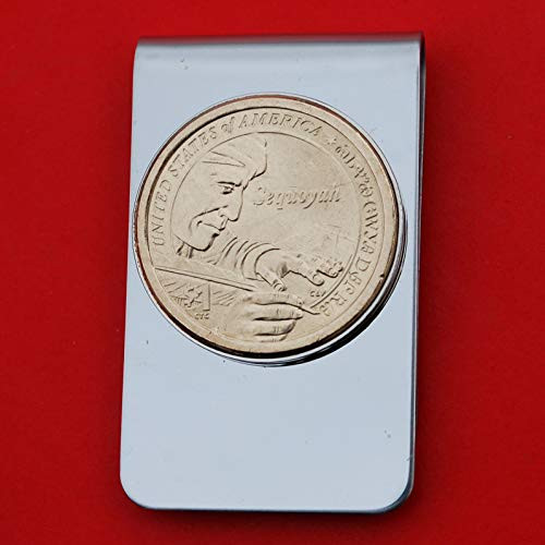 US 2017 Sacagawea Dollar BU Uncirculated Coin Stainless Steel Silver Money Clip NEW - Sequoyah writing