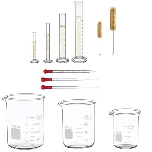 Glass Measuring Low Form Beaker Set 50ml 100ml 250ml and Thick Glass Graduated Measuring Cylinder Set 5ml 10ml 50ml 100ml