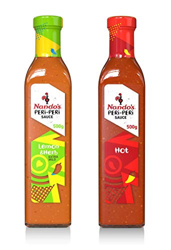 Nando's PERi-PERi Zesty Hot Variety Pack - Lemon  and  Herb Sauce and Our Signature Hot Sauce   Gluten Free   Non-GMO - 17.6oz Bottle (2 Pack)