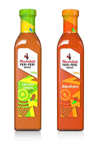 Nando's PERi-PERi Sauce Zesty Variety Pack - Medium Hot Sauce and Lemon  and  Herb Sauce   Gluten Free   Non-GMO - 17.6oz Bottle (2 Pack)