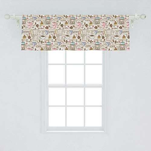 Ambesonne Modern Window Valance, Coffee Time Vintage Espresso Machine Cupcakes Beans Design, Curtain Valance for Kitchen Bedroom Decor with Rod Pocket, 54 inch X 18 inch, Pink Beige