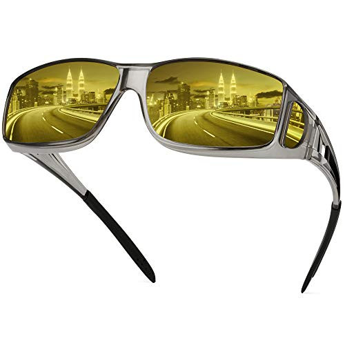 Night Driving Glasses Fit Over Glasses, HD Polarized Anti Glare Wrap Around Night Vision Glasses for Men  and  Women