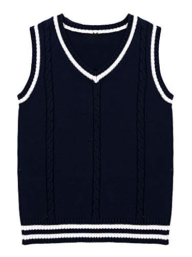 TSSOE Womens Cable Knit V Neck Sleeveless Twist Uniform Sweater Vest Pullover Vest Navy Blue S