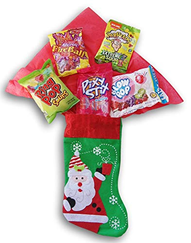 Retail Holiday Christmas Stocking Gift Stuffed with Candy - Blow Pops, Pixy Stix, Atomic Fireballs, Warheads and Sour Ring Pops