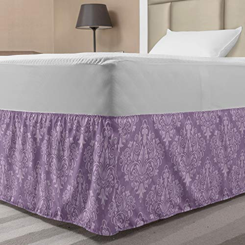 Lunarable Victorian Elastic Bed Skirt, Damask Pattern with Lavender Toned Floral Swirls Continuous Design, Wrap Around Fabric Bedskirt Dust Ruffle for Bedroom, Twin/Twin XL, Lilac Purple
