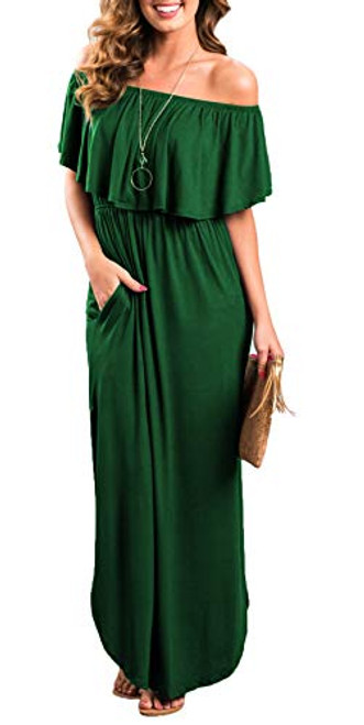 Womens Off The Shoulder Ruffle Party Dress Side Split Beach Long Maxi Dresses InkGreen XL