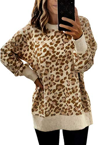 Angashion Women's Sweatshirts - Casual Leopard Print Crewneck Long Sleeve Oversized Pullover Tunic Sweatshirt Tops Yellow L