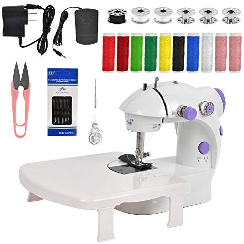 Mini Sewing Machine, Portable Electric Overlock Sewing Machines with Extension Table   Double Threads, Two Speed, LED Light, Power Adapter, Foot Pedal, Other Sewing Tools   for Household  and  Beginners