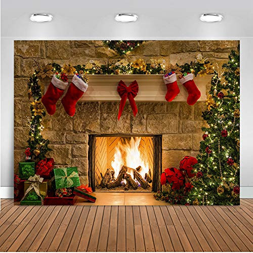 Mocsicka Fireplace Backdrop 8x6ft Vinyl Fabric Christmas Tree Socks Gift Fireplace Photo Booth Backdrop Xmas Party Decorations Banner Photography Background