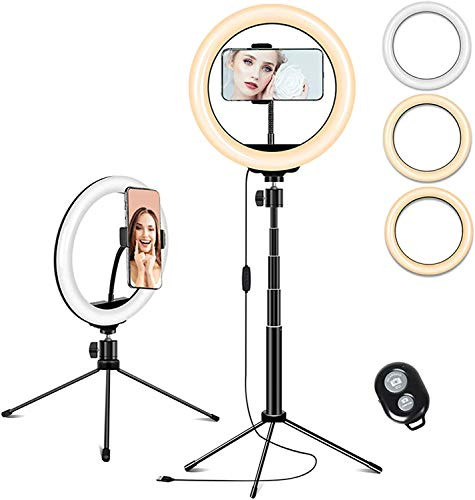 10 inch Selfie Ring Light with Tripod Stand and Phone Holder, 3 Mode Lights  and  10-Level Brightness LED Ring Light for Makeup, Live Streaming, YouTube Video, Ringlight Compatible with iPhone/Android