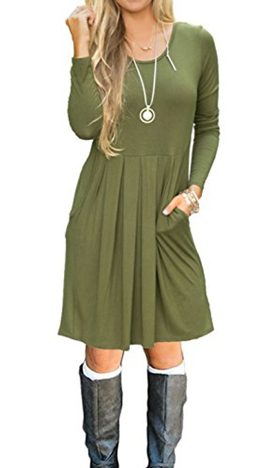 AUSELILY Women's Long Sleeve Pleated Loose Swing Casual Dress with Pockets Knee Length (L, Army Green)